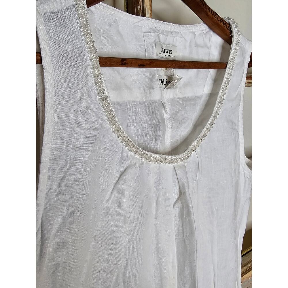 Linen Dress White Drop Waist Pearl Accents by Malvin Germany Ladies size Small - Picture 4 of 11